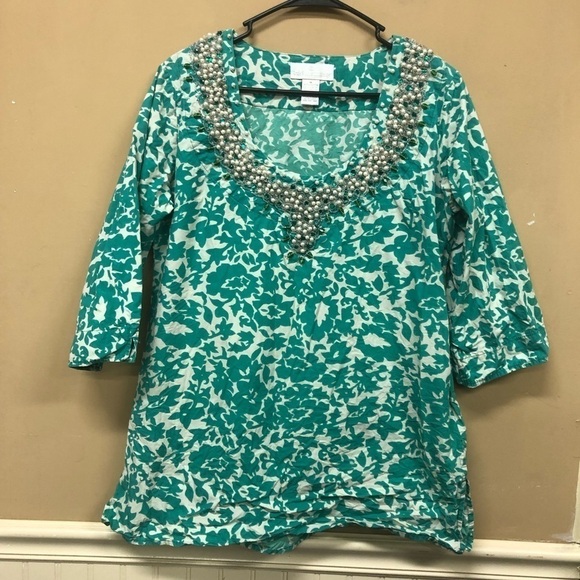 Soft Surroundings Beaded Neckline Green Tunic Size Medium - Picture 1 of 7